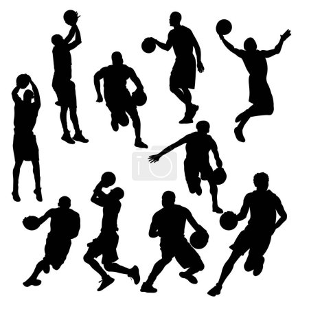Illustration for Silhouette of basketball player with ball shooting dunk - Royalty Free Image