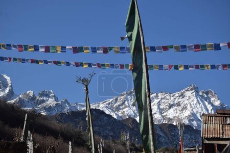 Photo for Panoramic landscape view of vertical and horizontal tibetan prayer flags raised in Lachen with snowcapped great Himalayas in the background in North Sikkim. It is famous for tourism in Sikkim, India - Royalty Free Image