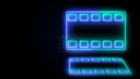 Photo for Neon film frame strip tape in black background.Animated retro-style film icon film strip motion graphic. Glowing media movie strip icon background. - Royalty Free Image