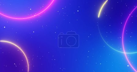 Abstrakte fluoreszierende LED-Neonlichter Partikelbewegungen Kreise Hintergrund. Futuristische Technologie glüht elektronische Spirale kurvige Disco leuchtet Bewegungsschleife. Leuchtende Unschärfen Neon-Staub magische Kugel bg