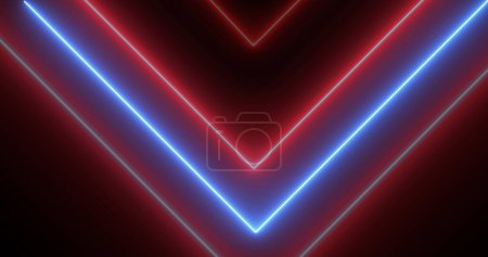 Neon arrows moving downwards illuminated neon light glowy background. Physics symmetry engineering technology cyber stage forward moving navigation arrows motion loop. Perspective matrix laser 3d.