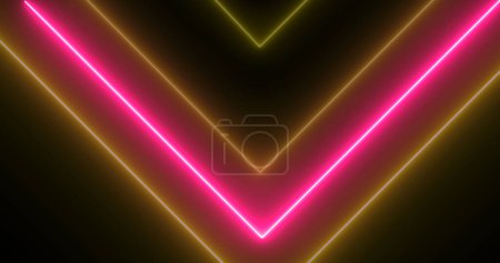 Neon arrows moving downwards illuminated neon light glowy background. Physics symmetry engineering technology cyber stage forward moving navigation arrows motion loop. Perspective matrix laser 3d.