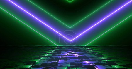 Neon arrows moving downwards illuminated neon light glowy background. Physics symmetry engineering technology cyber stage forward moving navigation arrows with its reflection. Matrix laser 3d.