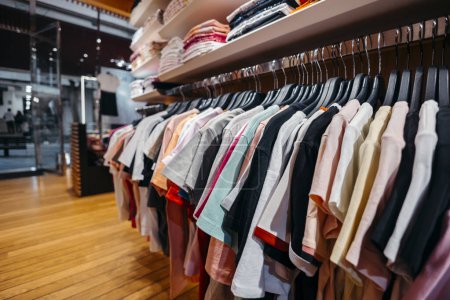 Téléchargez les photos : Vêtements sur cintre à la boutique boutique moderne. Photo de haute qualité - en image libre de droit