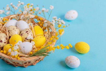Téléchargez les photos : Easter candy chocolate eggs and almond sweets lying in a birds nest decorated with flowers and feathers on a blue background. Happy Easter concept. - en image libre de droit