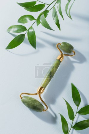 Massage roller for the face with two heads of jade stone and green leaves on light blue background. Beauty facial massage therapy, SPA self care concept.