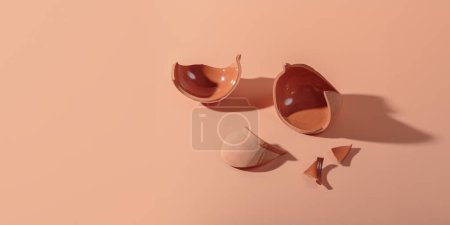 Photo for Details of broken ceramic cup on beige background. Top view of trendy hard shadows from broken pot, selective focus - Royalty Free Image