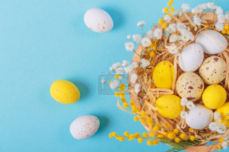 Téléchargez les photos : Easter candy chocolate eggs and almond sweets lying in a birds nest decorated with flowers and feathers on a blue background. Happy Easter concept. - en image libre de droit