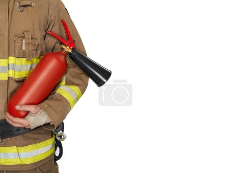 Photo for Unrecognizable male firefighter in uniform holding red extinguisher. Crop view of man in fireman workwear carrying fire extinguisher, isolated on white background, copy space. Concept of safety, work. - Royalty Free Image