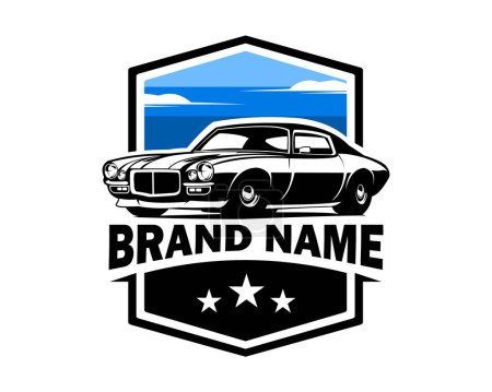 Ilustración de Coche Chevy camaro de 1970 aislado sobre fondo blanco con una vista impresionante del cielo azul. mejor para logotipos, insignias, emblemas, iconos, disponible en eps 10. - Imagen libre de derechos