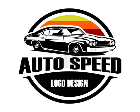 Ilustración de Viejo logo del coche Chevy Camaro. vista lateral con increíble puesta de sol en el fondo. ilustración vectorial disponible en eps 10. - Imagen libre de derechos