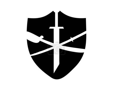 Téléchargez les illustrations : Silhouette vector design of three swords and shield. best for logos, badges, emblems, icons, available in eps 10. - en licence libre de droit