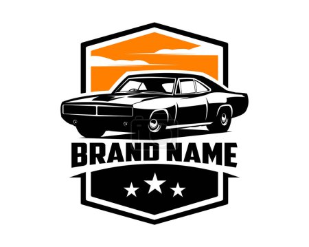 Illustration for Vector illustration of a 1970 dodge charger rt. silhouette design. isolated white background showing from the side an amazing sunset view. Best for logo, badge, emblem, icon, sticker design, car indus - Royalty Free Image