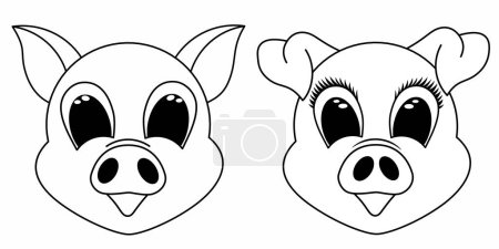 Téléchargez les illustrations : Set girl and boy pig smiley face icon. Pig outline logo. Pork meat. Stock vector illustration. - en licence libre de droit