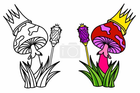 Illustration for Set funny mushrooms king for print black line and color. Vector illustration, element for design. - Royalty Free Image