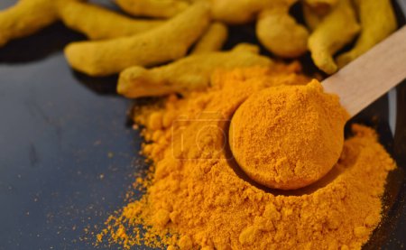 Photo for A closeup selective focus picture of Turmeric powder with termeric sticks in the background - Royalty Free Image