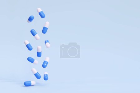 Téléchargez les photos : Capsules de pilules 3D tombant sur un fond bleu. Antibiotiques, vitamines. Illustration vectorielle - en image libre de droit