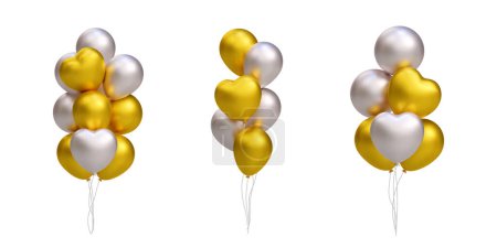Téléchargez les photos : Lot de ballons réalistes 3D dorés et argentés, en forme de coeur. Illustration vectorielle décoration pour carte, fête, design, flyer, affiche, bannière, web, publicité - en image libre de droit