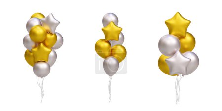 Téléchargez les photos : Bande de ballons réalistes 3D dorés et argentés. En forme d'étoile. Illustration vectorielle décoration pour carte, fête, design, flyer, affiche, bannière, web, publicité - en image libre de droit