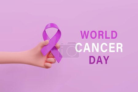 Illustration for 3d hand holding lavender purple ribbon. World Cancer Day concept, February 4. Raise awareness, prevention, detection, treatment. Icon design for poster and banner. Vector illustration isolated on white background - Royalty Free Image