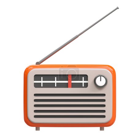 Téléchargez les photos : 3d réaliste orange vieux rétro vintage radio tuner icône du récepteur. Journée mondiale de la radio. Illustration vectorielle de style dessin animé isolée sur fond blanc - en image libre de droit