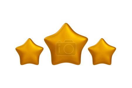 Téléchargez les photos : Trois étoiles à paillettes en or jaune. Réalisations pour les jeux. Évaluation des clients commentaires. Illustration vectorielle 3D réaliste - en image libre de droit