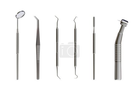 Téléchargez les illustrations : 3d realistic professional dental tools set for dentistry inspection. Teeth care, health concept. Basic metal medical equipment, instrument top view. Vector illustration isolated on white background - en licence libre de droit