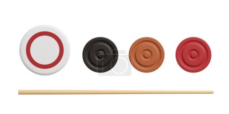 Téléchargez les photos : Realistic carom or carrom indian board game. Black and white wooden pawn close up. 3d render vector illustration isolated on white background - en image libre de droit