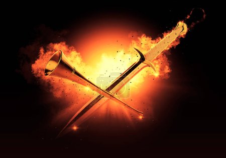 Photo for Medieval Sword and Trumpet Fire Action Background - Royalty Free Image