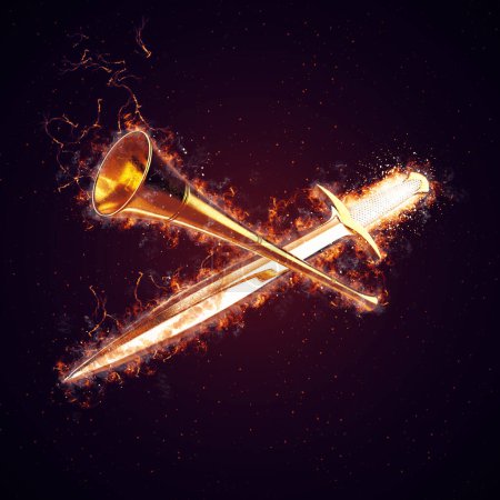 Téléchargez les photos : Feu médiéval à l'épée et trompette Fond d'action (Illustration 3D) - en image libre de droit