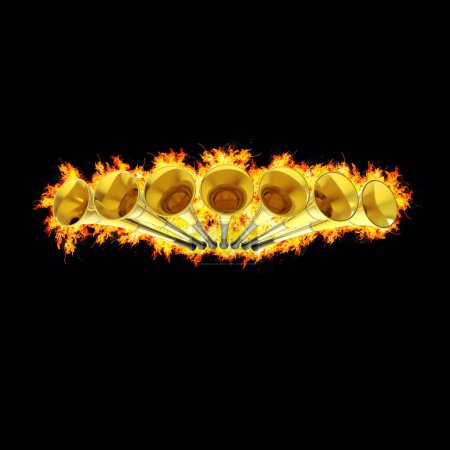 Téléchargez les photos : Sept 7 trompettes Golden Fire Revelation Avertissement Vuvuzela Horn Illustration (Illustration 3D) - en image libre de droit