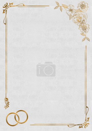 Hochzeitseinladung Hintergrund mit goldenem Floralrahmen und Ringen - Weiß