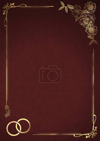 Wedding Invitation Background with Golden Floral Frame and Rings - Bordeaux