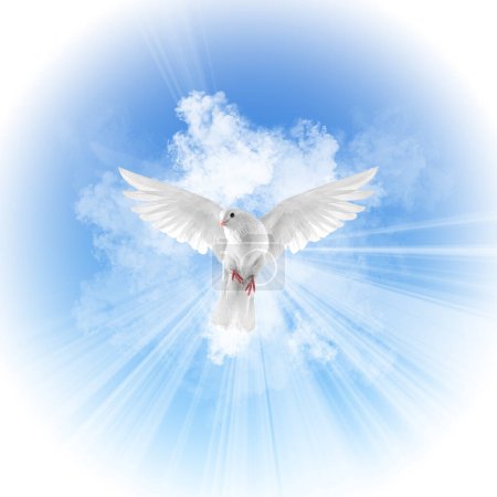 Téléchargez les photos : Saint-Esprit Fantôme Baptême Colombe Tombant du ciel Nuages Illustration - en image libre de droit