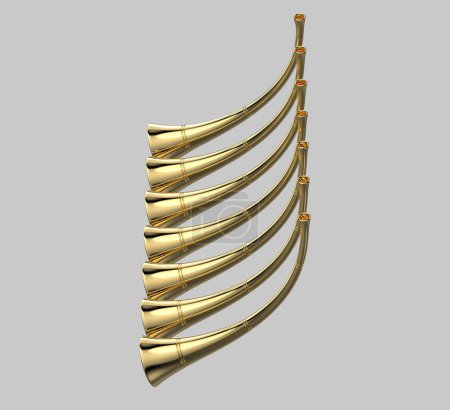 Téléchargez les photos : 7 Sept trompettes Avent doré Avertissement de la révélation biblique Corne Illustration 3D - en image libre de droit