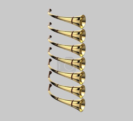 Photo for 7 Seven Trumpets Golden Advent Bible Revelation Warning Horn 3D Illustration - Royalty Free Image