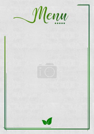 Photo for Vegan Restaurant Menu White Background with Embossed Green Letters and Lines and Plant Leaves Icon - Royalty Free Image