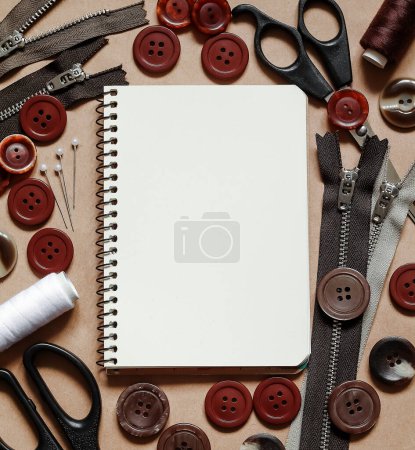 Brown sewing tools and emthy notebook on a beige craft paper background. Copy space.