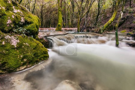 Téléchargez les photos : Vue panoramique de la cascade à Huveaune River Springs dans le sud de la France pendant la saison printanière - en image libre de droit