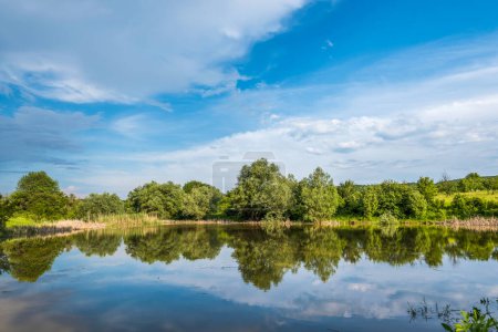 Téléchargez les photos : Vue panoramique des arbres reflétés dans l'eau du lac à la campagne en Europe contre le ciel dramatique de l'été - en image libre de droit
