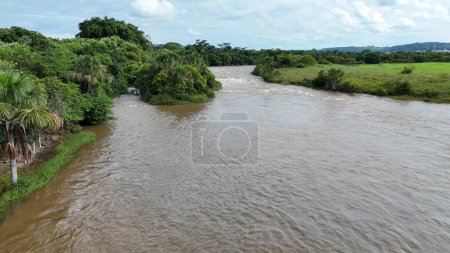 Imagen aérea del río apore con agua marrón y bosque ribereño durante el día