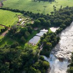 Cassilandia, Mato Grosso do Sul, Brazil - 04 18 2024: aerial image of the Salto Do Rio Apore tourist spot in cassilandia waterfall