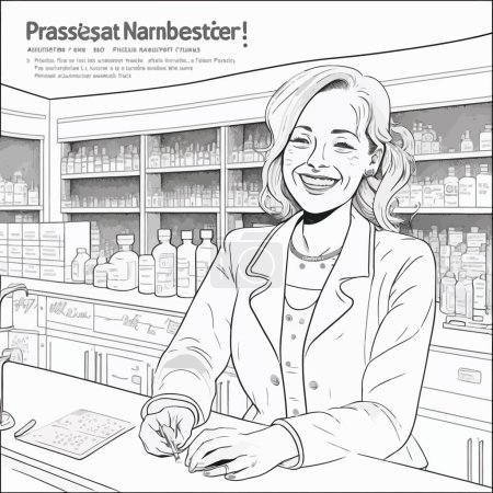 Illustration for Black and white vector in lineart style depicts a smiling white female pharmacist standing behind a drugstore counter with placeholder text no real words - Royalty Free Image