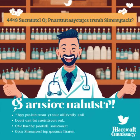 Illustration for Publication template for social networks, pharmacist working in a drugstore and spaces with placeholder text no real words - Royalty Free Image