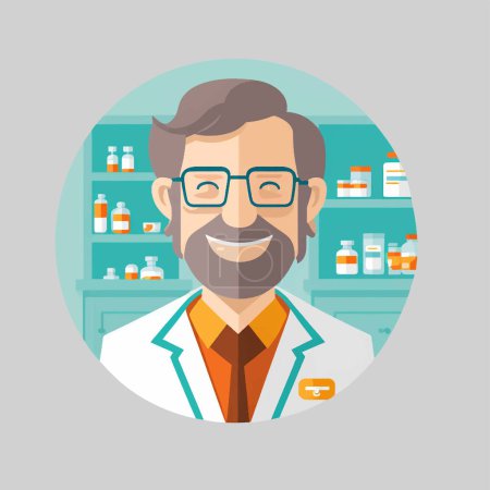 Illustration for Minimalist illustration of a pharmacist person working in a drugstore - Royalty Free Image
