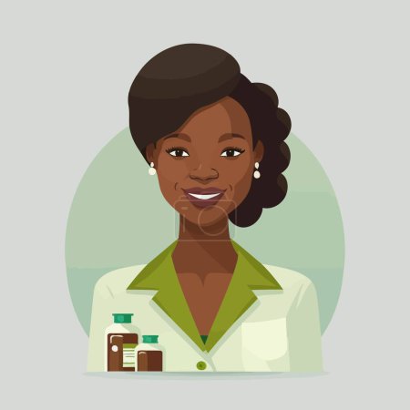 Illustrazione per An adult black woman working a pharmacist, with shelf of drugstore drugs in the background - Immagini Royalty Free