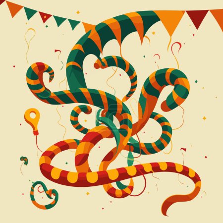 Téléchargez les illustrations : Illustration of serpentine type ribbons illustrating festivities such as carnal with red green yellow and blue colors - en licence libre de droit