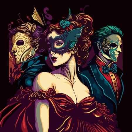 Ilustración de Illustration of fictional characters stylishly dressed up for a masquerade wearing ornate Venetian masks at carnival - Imagen libre de derechos