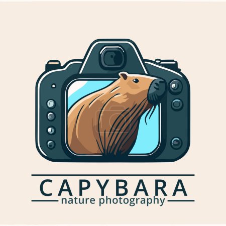 Téléchargez les illustrations : Minimalist illustration of a capybara emerging from a camera screen as a funny way to illustrate nature photography - en licence libre de droit