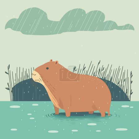 Illustration for Cute capybara animal in the water of a river during a rain - Royalty Free Image